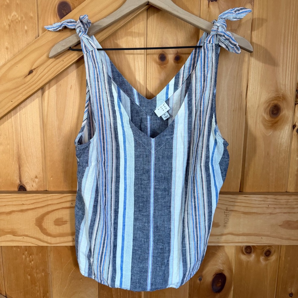 A New Day Striped Tie Shoulder Tank Top Blue White Linen Blend Beachy Boho Med